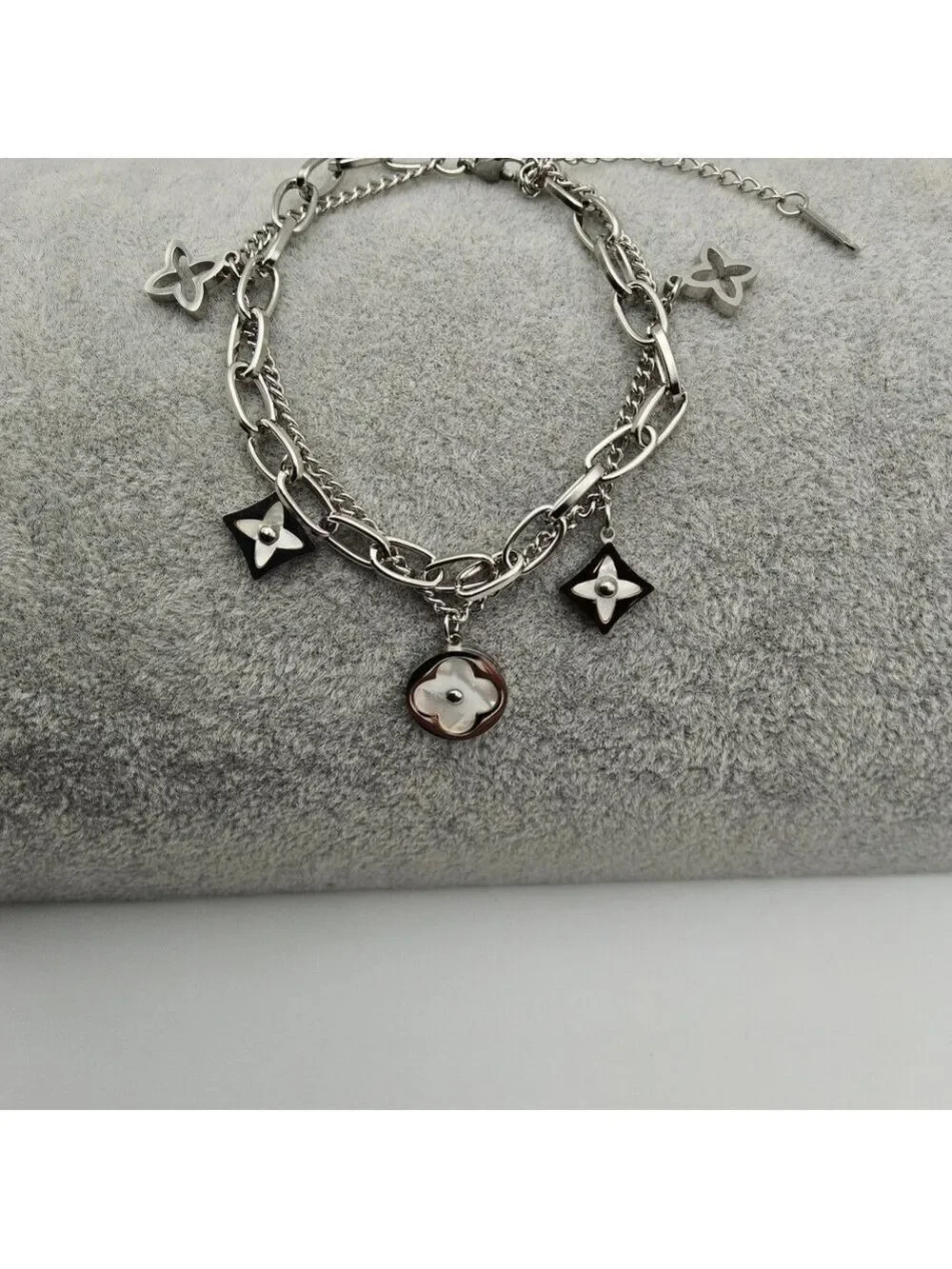 Pearl White Star Clover Charm Dual Chain Silver Toned Stainless Steel Bracelet